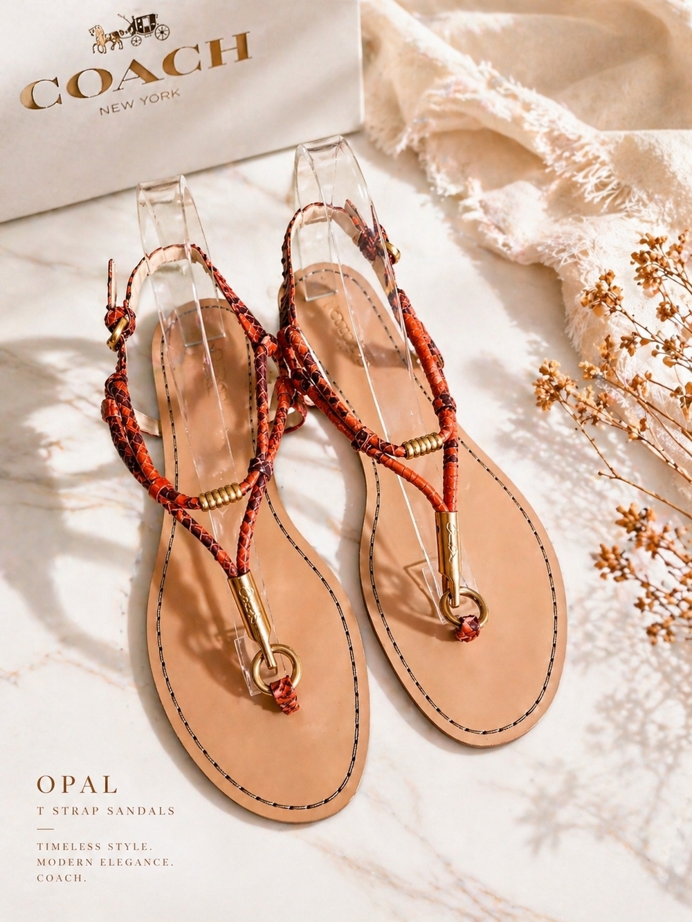 Coach Opal Snake T Strap Sandals Coral Leather Thong Flat Boho Resort